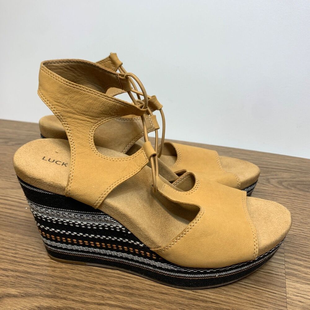 Lucky Brand Yejida Tan Leather Woven Strappy Platform Wedge Sandals Size 9